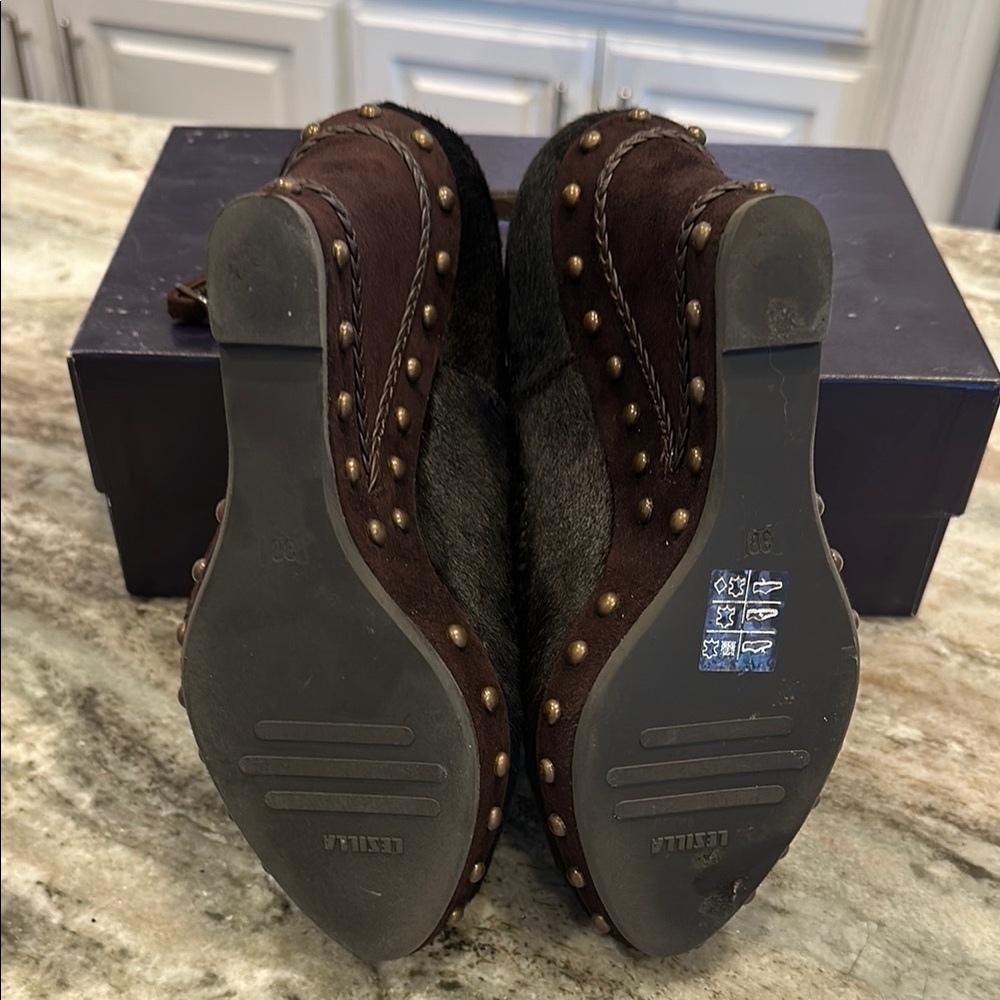 Rare Vintage Y2K Le Silla Pony Hair Studded Peep Toe Wedge - Size 8 - Picture 5 of 8
